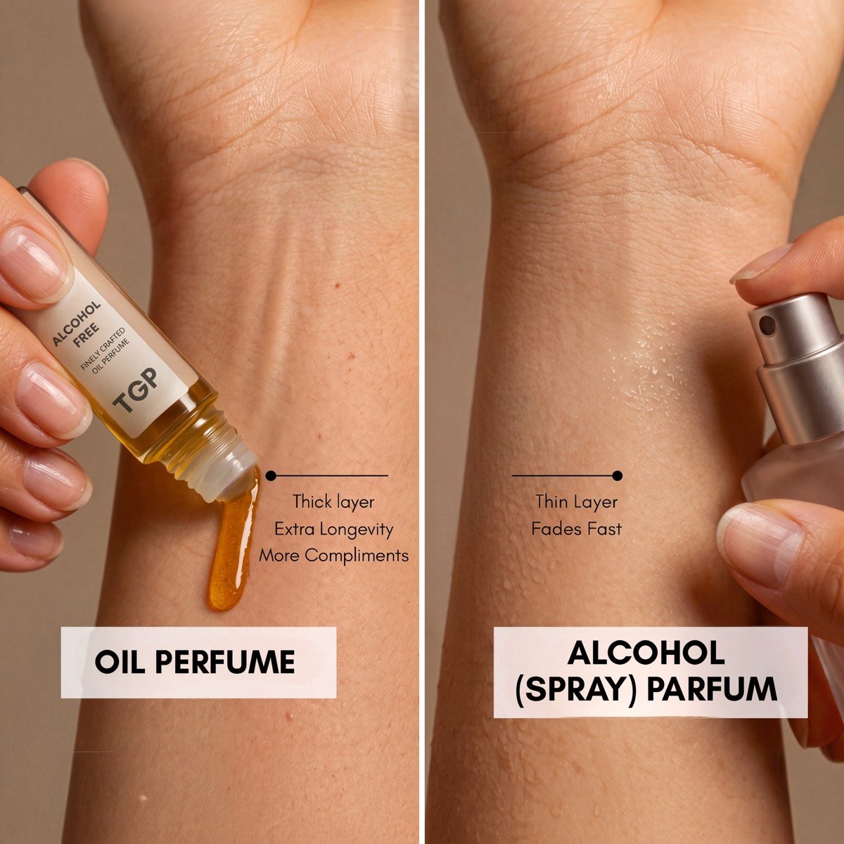Oil perfume leaves a thick layer on skin, alcohol spray a thin one that fades fast